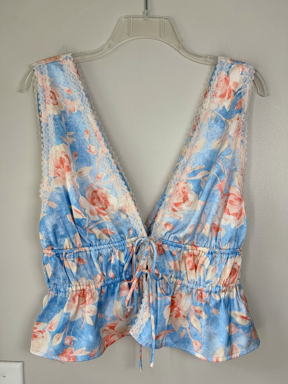 WAYF Blue Floral Beatrix Tie Front Satin Lace Trim Tank Top Delicate Daydream